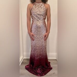 LuLu’s Sequin Rose Gold to Burgundy Ombré Gown